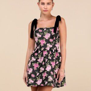 Lulus Precious Luxury Black Floral Jacquard Tie-strap Mini Dress - Size XS
